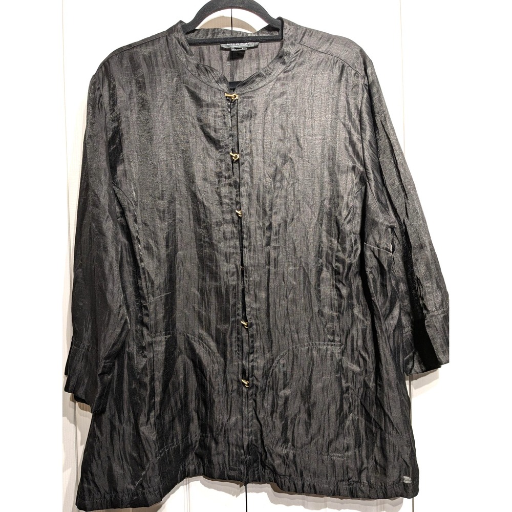Citron Jacket Womens 2X Black Linen Blend Mandarin Collar Hook Front Pockets